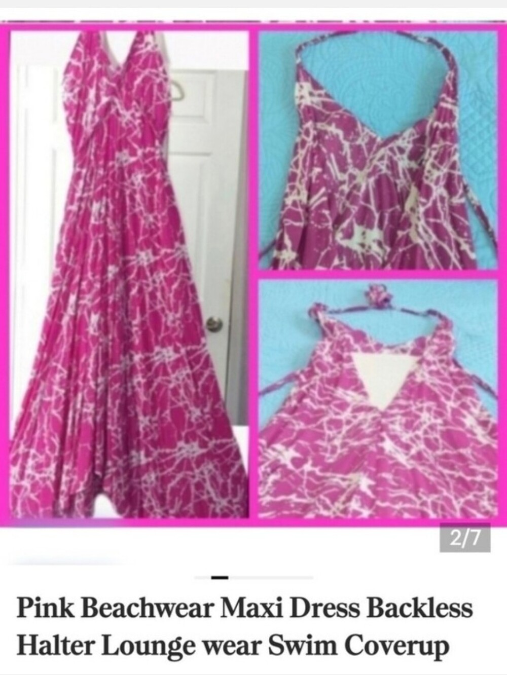 Pink Backless Halter Beach Maxi Dress Loungewear, Swimsuit Coverup One Size - Picture 2 of 8